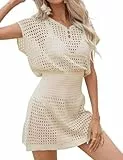 Kycenpda Bikini Cover Up Strandkleid Damen mit Knöpfe, Aushöhlen V-Ausschnitt Häkelkleid Strand, Strandtunika Strandponcho Damen Luftig Sommerkleid Beachwear Strandurlaub