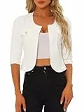 Allegra K Damen Jeansjacke 3/4 Ärmel Open Front Kragenlos Jacke mit Taschen Weiß S