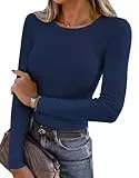 Aottori Damen Oberteil Langarm Rundhals Langarmshirt Stretch Figurbetont Pullover Dünn Eng Unterziehshirt Basic Shirt für Frühling Herbst Dunkelblau L