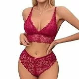 Satohom Damen Dessous Set Sexy Unterwäsche Spitzen Push up BH Bikini und Slip Babydoll Reizwäsche 2 Teiliges Ohne Bügel mit Polsterung Negligee Verstellbare Unterwäsche V-Ausschnitt Lingerie