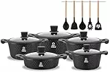 Pela Welle® Topfset Induktion [15-teilig Keramik] inkl. Küchenhelfer, antihaftbeschichtete Töpfe Induktion | Topfset schwarz | Kochtopf Set | Induktions Töpfe Set | Kochtöpfe | Topfsets