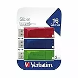 Verbatim Slider USB-Stick Multipack 16GB, USB 2.0, 3x USB Speicherstick, für Laptop Notebook Ultrabook TV Autoradio, USB 2.0 Stick, Datenstick mit Schiebemechanismus, Rot Blau Grün