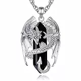 INFUSEU Drachen Kette, Kristall Halskette Nordischer Drache Eingewickelt Zylinder Edelstein Schwarzer vintage Obsidian Anhänger Sechseckiger Heilkristall Gothic Geschenk für Männer Frauen