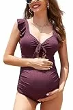 SHEKINI Damen Maternity Badeanzug Rüschen Einteilige Cutouts Verstellbare Träger Umstandsbadeanzug(Traubenrot,M)