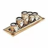Relaxdays Teelichthalter Set mit Tablett & Steinen, 39,5 cm lang, 5 Kerzenhalter, Tischdeko Wohnzimmer & Esstisch, braun