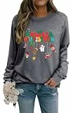 WIEIYM Weihnachtspullover Damen Sweatshirt Langarmshirt Rundhals Langarm Pullover Herbst Winter Weihnachtsbaum Druck Weihnacht Casual Christmas Sweat Oberteile,D-Neutral Grey,S