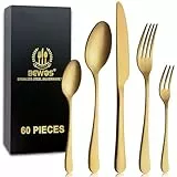 BEWOS Besteck Set für 12 Personen, 60 teilig Titanium Gold Essbesteck Set inkl. Messer, Gabel, Löffel, Besteck Edelstahl, Spülmaschinenfest (Matt Gold)