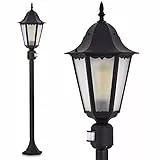 Außenleuchte Hongkong Frost m. Bewegungsmelder, Stehlampe in antikem Look, Aluguß in Schwarz matt m. Milchglas-Scheiben, Wegeleuchte 122cm, Retro/Vintage Gartenlampe, E27, IP44, ohne Leuchtmittel