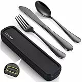 Camping Besteck, 4 Stück Edelstahl Reisebesteck mit Etui, Verstärktes Gehäuse mit Schnallen-Design, Campingbesteck für Outdoor, Reise, Arbeit, Schule, Spülmaschinenfest, Schwarz