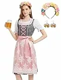 Hislovy Dirndl Damen, 5 Teiliges Oktoberfest Damen Outfit Dirndl-Komplettsets Trachtenkleid Midi für Karneval Cosplay (Grau, L)