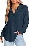 Saodimallsu Damen Bluse Langarm Hemd mit V-Ausschnitt Regular Fit Baumwolle Shirt Elegant Business Arbeit Oberteile Casual Langarmshirt Dunkelblau S