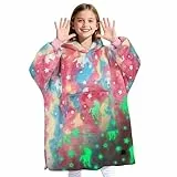 Kato Tirrini Hoodie Decke mit Ärmeln - Kuscheldecke Geschenk für Kinder Mädchen Teen, Übergröße Kuschelpullover mit Kapuze Flauschig Fleece Decke zum Anziehen, Unicorn - Glühen im Dunkeln