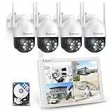 Jennov Überwachungskamera Set Aussen WLAN mit 10''Monitor 10CH Wireless NVR, 4 Pcs 5MP 360° PTZ WiFi Kameras mit 2 Wege Audio, Spotlight Alarm, Farbe Nachtsicht, Automatische Verfolgung, 1TB HDD