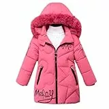 linboo Winterjacke Mädchen Wintermantel mit Abnehmbarer Fellkapuze Warme Lang Mantel Kinder Parka Outdoor Jacke mit Buchstaben und niedliche Muster, Rosa, 140-146(Etikettengröße: 150)