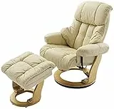Robas Lund Relaxsessel Calgary mit Hocker, bis 130 kg belastbar, drehbarer Fernsehsessel mit Liegefunktion, Echtleder creme, Gestell Holz natur