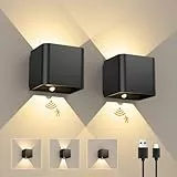GEARLITE Led Aufladbar Wandleuchte Innen/Aussen mit Bewegungsmelder 2 Stücke, Wandlampe Auf und ab Einstellbarer Lichtstrahl 3000K Warmweiß Außenwandleuchte IPX4 Wasserdichte Wohnzimmer Garten Schwarz