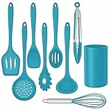 HaWare Küchenhelfer Set, 9-teiliges Silikon Küchenutensilien Kochbesteck Set, Hitzebeständiges Kochutensilien Kochgeschirr, Antihaft Küchenset mit Utensilienhalter, Spülmashinenfest - Blau