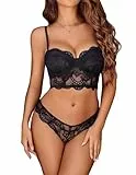 Avidlove Dessous Damen Sexy Unterwäsche Spitze Reizwäsche Mit Bügel-BH und Slip Lingerie Set Push up Curvy Bra Babydoll Nachtwäsche Outfit Schwarz L