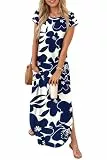PLOKNRD Sommerkleid Damen Rundhalsausschnitt Maxi Freizeit Kleid mit Taschen Kurzarm Elegantes Schlitz Strandkleider Langes Shirtkleid Weiße Blaue Blume M