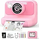 Hangrui Sofortbildkamera Kinder, 2,4 Zoll Kinderkamera Sofortbildkamera mit 32G Karte & Druckpapier, 1080P Kamera Kinder Sofortdruck mit Farbige Stifte, Geschenk für Kinders 3-12 Jahren-Rosa