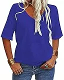 VEUNCOS T Shirt Damen Sommer Kurzarm V Ausschnitt Lockeres Tops Lässige Arbeits Shirts Königsblau M