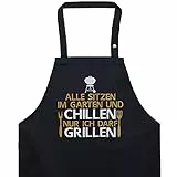 EXPRESS-STICKEREI BBQ Grillschürze - Lustige Kochschürze für Grillfans - Verstellbare Latzschürze für Männer/Frauen - Küchenschürze mit Spruch Alle sitzen im Garten und chillen - nur ich darf grillen