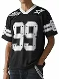 HAWILAND V Ausschnitt T Shirt Herren Oversized Football Trikot Kurzarm Sportshirt Herren Streetwear Y2K Hip Hop Outfit Schwarz XL