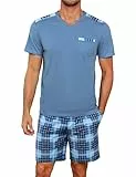 Litherday Schlafanzug Herren Kurz Sommer Baumwolle Shorty Pyjama Set Zweiteiliger Kurzarm Nachtwäsche T-Shirt Kariert Schlafanzughose Männer Blau XXL
