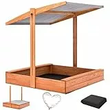 Sandkasten mit Dach 140x140 Imprägniert Modell 2025 mit Sonnenschutz mit UV 100+ Schutz Sandbox mit Sandkastenvlies Holz, Sandkiste Sandbox (140x140 Dach Grau)
