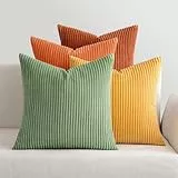 MIULEE Kordsamt Kissenbezug Weiche Kissenhülle Dekorative Sofakissen Quadratische Dekokissen Zierkissenbezug Gestreifte Kissenbezüge für Wohnzimmer Schlafzimmer 4 Stück 40x40cm Orange grüne Serie