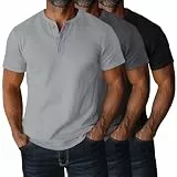 Ficerd 3er-Pack Henley-T-Shirts Kurzarm für Große und Schlanke Männer, Oversized-Loose-Tees in Übergröße, Lässige Basic-Tops(3XL,Schwarz, Dunkelgrau, Hellgrau)