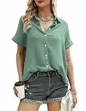 Aottori Blusen Tuniken für Damen Sommer Kurzarm Oberteile Elegant Hemdbluse Casual Blusenshirt Leicht Lose Sommerblusen Tee Grün M