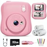 Hangrui Kinderkamera Sofortbildkamera, 14MP Sofortbildkamera Kinder mit 32G Karte & Druckpapier, 1080P Kamera Kinder Sofortdruck mit Farbige Stifte, Geschenk für 3-12 Jungen und Mädchen-Rosa