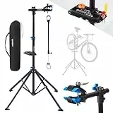 Arebos Fahrrad-Montageständer mit Tasche, 360° drehbar, für Mountainbike, E-Bike und Citybike, mit Schnellspannvorrichtung, Profi-Reparaturständer Schwarz/Blau