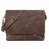 LEABAGS Oxford Leder Schultertasche aus Büffelleder I Laptoptasche bis 15 Zoll im Vintage Look I Messenger Bag mit Schultergurt I Umhängetasche für Büro & Alltag I Vintage Graubraun