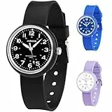 Juboos Kinderuhr Madchen, Armbanduhr Mädchen Junge Zeit Lernen Wasserdicht 3ATM,Uhr Kinder Analog 5-15 (Schwarz)