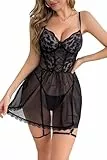 ONGASOFT Sexy Dessous Set für Damen Strumpfgürtel Babydoll Reizwäsche rUnterwäsche Und G-String