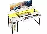Seventable Schreibtisch mit Schubladen, Computertisch mit Steckdosen & LED, Gaming Tisch mit Monitorständer, Regal & 2 Haken, Gaming Schreibtisch für Büro, Wohnzimmer (Weiß, 100 cm)