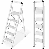 KINGRACK Stufenleiter, 5 Stufen, klappbare Stufenleiter mit Handlauf, rutschfeste Haushaltsleiter mit Klappsicherung, Aluminium Tritthocker, maximale Belastung 150 kg