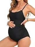 CUPSHE Damen Maternity Badeanzug U Ausschnitt Wellenkante Lace Up Nach Schwangerschaft Einteilige Umstandsbademode Swimsuit Schwarz M