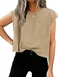 Tankaneo Tshirt Damen Oversize Crop Tops Rundhals Cap Sleeve Shirts Sommer Basic Oberteile mit Brusttasche.Khaki L
