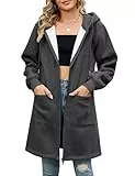 Vancavoo Fleecejacke Damen Sweatjacke mit Kapuze Lange Kapuzenpullover Reißverschluss Hoodie Jacke Frühling Herbst Lang Kapuzenjacke Elegant Übergangsjacke mit Taschen,Dunkelgrau,XL