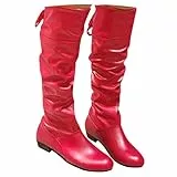 ticticlily Damen Hohe Stiefel Winter Schuhe Warme Leder Reitstiefel Niedrige mit Absatz Komfort Beiläufige Schnalle Langschaft Kniehohe Stiefel H Rot 38 EU
