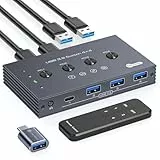 USB 3.2 Switch Selector 4 Computer Share 1 USBC & 3 USBA Devices 10Gbps 4 Port USB Switcher Sharing Keyboard Mouse Printer Scanner with Cable and Remote Control and a dapter