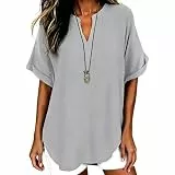 Tshirt Damen Elegant Lockere Top Bluse Oberteile Kurzarm V-Ausschnitt Shirts Damen Sommer Elegant Locker Kurzarm Oberteile Damen Oversize (DE/NL/SE/PL, Alphanumerisch, XXL, Regular, Regular, Grau)