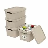 Plastard Aufbewahrungsboxen mit Deckel 7,5 L, 4er-Set, Beige, BPA-frei, Stapelbar, Ordnungsbox für Küche, Bad, Büro, Kinderzimmer, Regale – Robuste Kunststoffbox, Kleiderbox