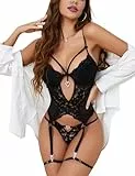 Aranmei Damen-Dessous-Sets Sexy Blumenspitzen Bodysuit mit Strumpfhalter Unterwäsche Teddy-Babydolls mit Strumpfhalter keine Strümpfe, Schwarz, M