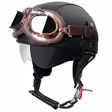 Retro Helm Motorradhelm Lederhelm Jethelme Vintage Mopedhelm Mit Brille ECE Zertifiziert Motorradkreuzer-Rollerhelm im Deutschen Stil (Schwarz, L)