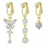 WillTen 3Pcs Fake Bauchnabelpiercing Gold, Chirurgenstahl Bauchnabelpiercing Clip Schmetterling Herz Dangly Fake Bauchnabel Piercing, Clip On Bauchnabelpiercing Fake Belly Piercing für Frauen
