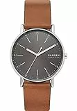 Skagen Herrenuhr Signatur, Dreizeiger Uhrwerk, 40mm Silbernes Edelstahlgehäuse mit Lederarmband, SKW6578